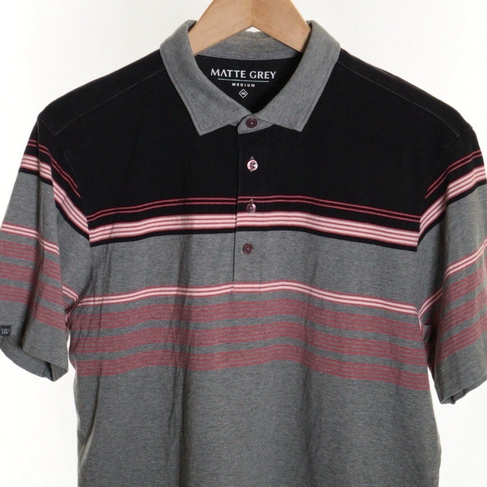 Matte Grey Men M Polo Shirt Short Sleeve Grey Striped Collared Button Stretch